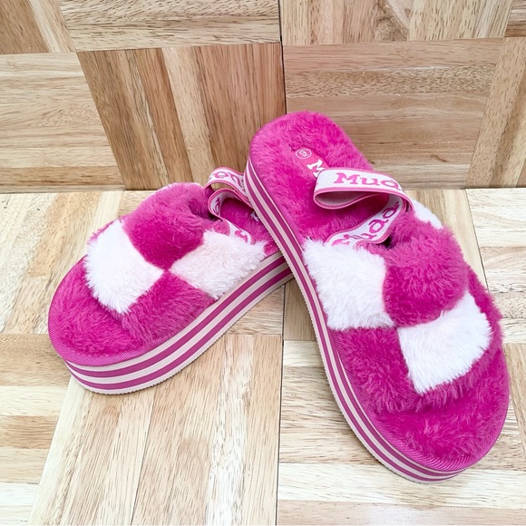 MUDD Stormy Fuchsia/White Fuzzy Elastic Slingback Slides Platform Slippers Sz 9 - Picture 14 of 16